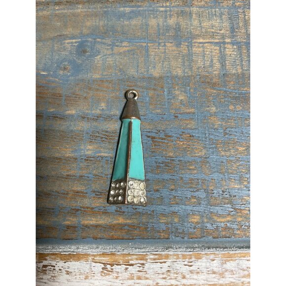 Vintage Art Deco Style Turquoise & Silver Pendant With Rhinestone Accents - Picture 1 of 5